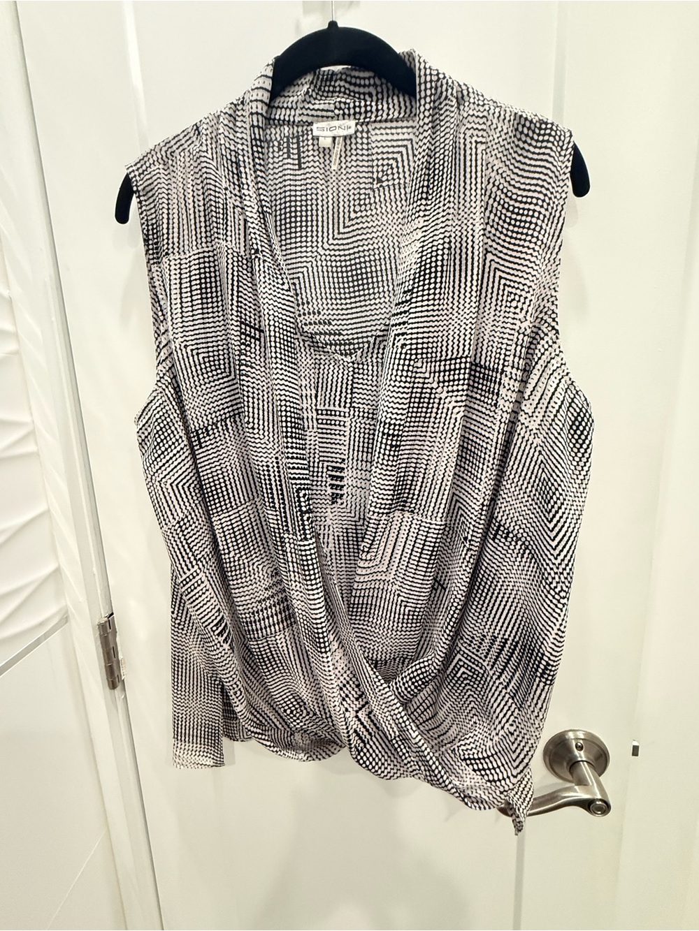 Sioni Black & White Geometric Cowl Neck Sleeveless Blouse with built in tank